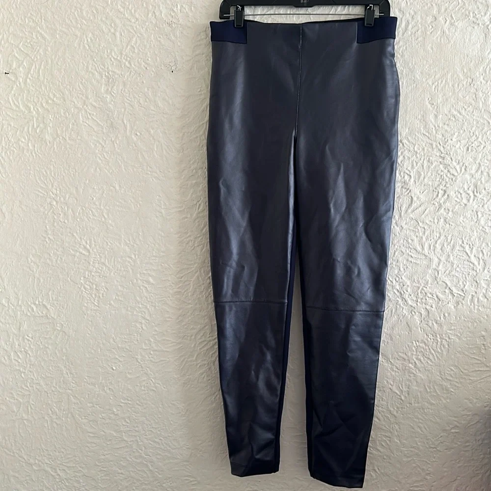 Betabrand Skinny-Leg Jett Dress Pant Yoga Pants Faux Leather Dark Blue LONG L